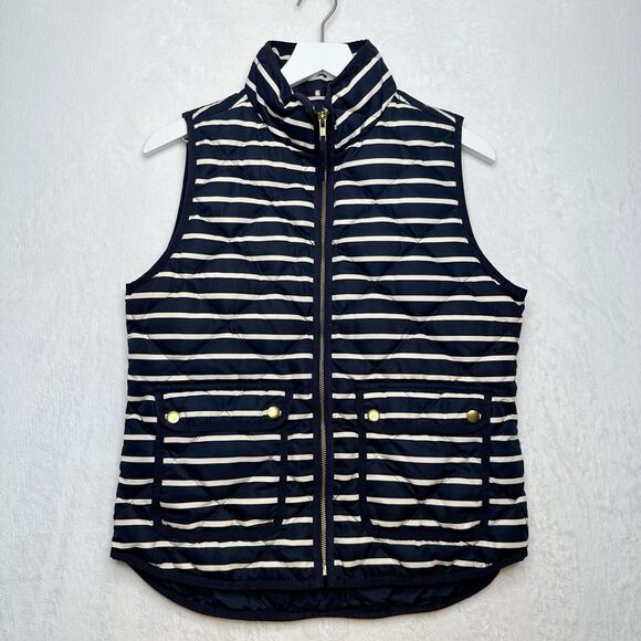 J Crew Excursion Quilted Down Vest Gold Button Navy White Stripe Sporty Preppy S - Picture 3 of 10